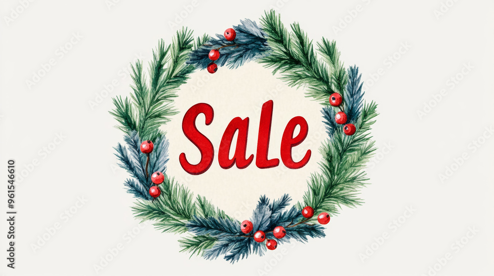 Aufkleber sale in elegant script surrounded by a wreath of pine branches and berries on a soft cream backgroun