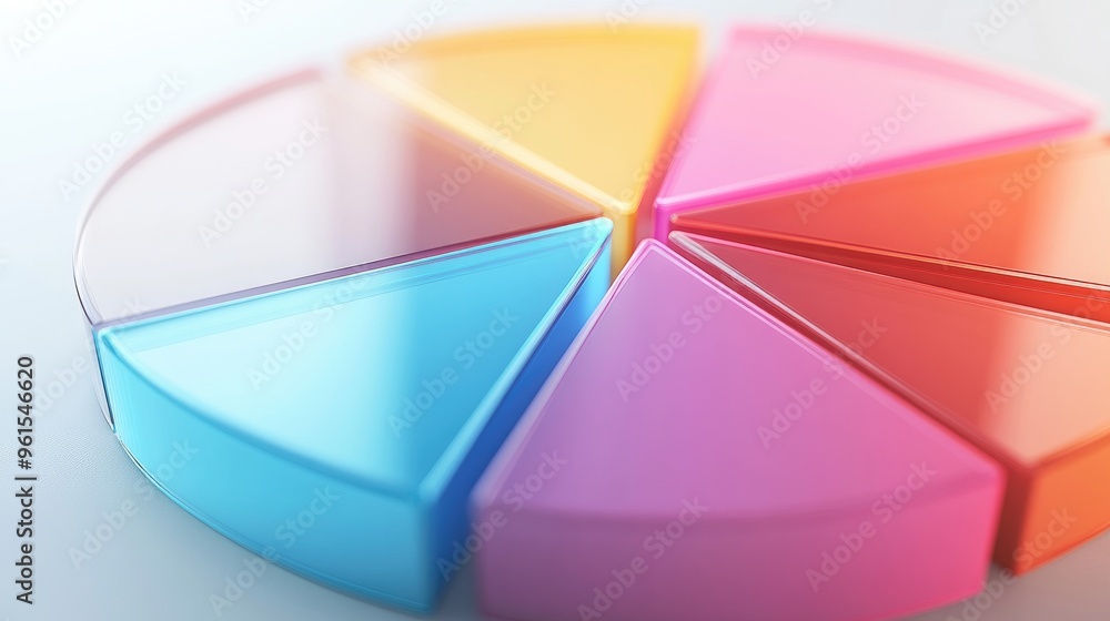 Poster close-up of a modern 3d pie chart with transparent and solid colors, segments separated slightly to 