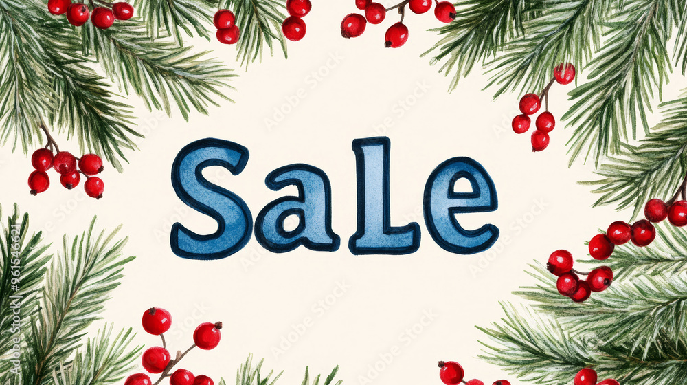 Aufkleber sale in elegant script surrounded by a wreath of pine branches and berries on a soft cream backgroun