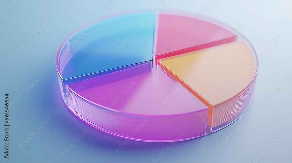 Poster close-up of a modern 3d pie chart with transparent and solid colors, segments separated slightly to 