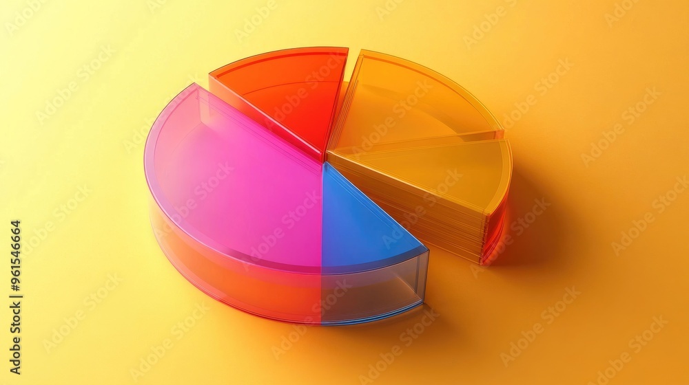 Poster close-up of a modern 3d pie chart with transparent and solid colors, segments separated slightly to 