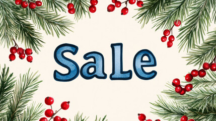 Sale in elegant script surrounded by a wreath of pine branches and berries on a soft cream background 
