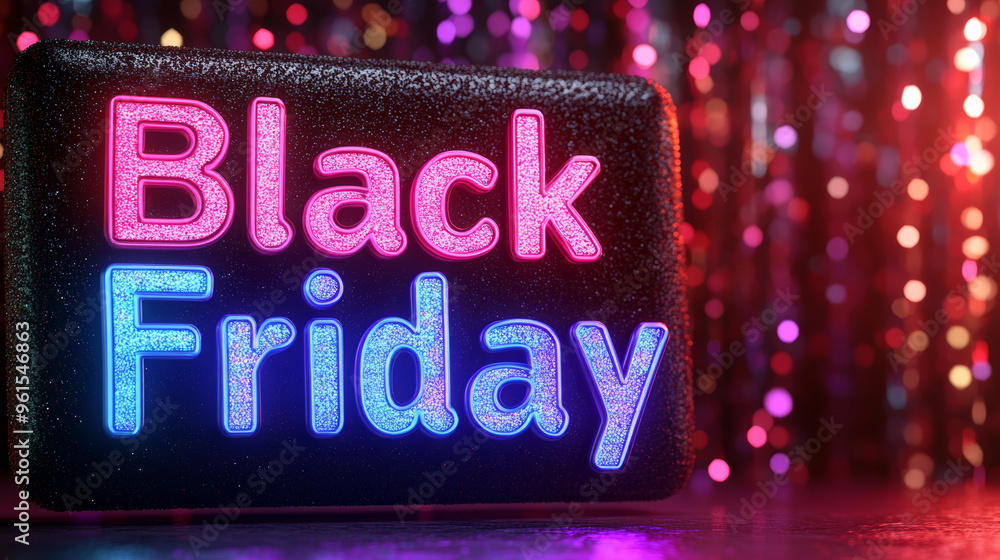Poster shiny black friday text with neon accents on a dark background with sparkling stars and metallic tex