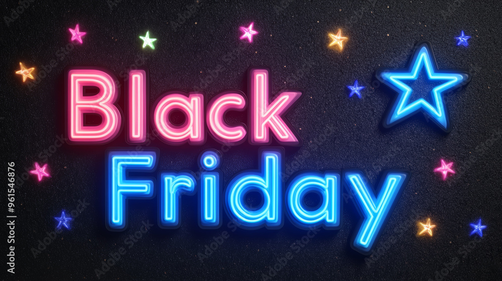 Poster shiny black friday text with neon accents on a dark background with sparkling stars and metallic tex