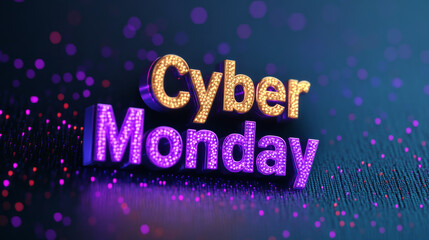 Shimmering Cyber Monday letters in purple and gold on a midnight blue festive background with glowing pixels 