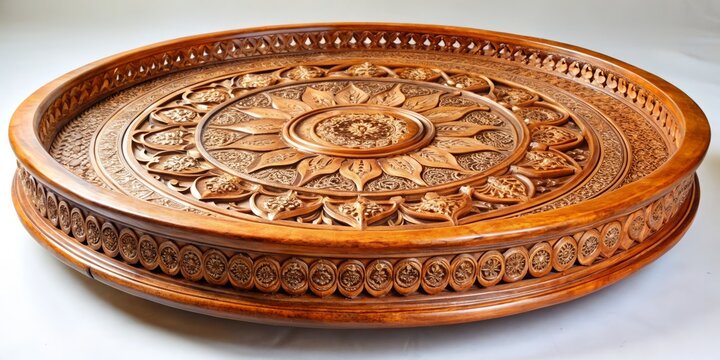 A stunning image of a majestic circular platter-tray features intricate carvings that dance across its surface, showcasing exceptional craftsmanship and artistic flair.