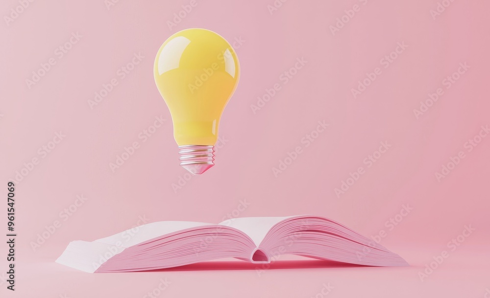 Poster a yellow light bulb with an open book isolated on a pink background. idea tip: knowledge creates ide