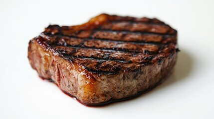 Close-up of a perfectly seared steak with grill marks, placed on a white background to emphasize its texture and juicy appeal.
