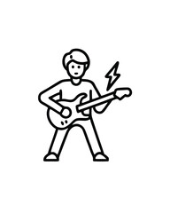 Editable stroke vector of a guitarist playing with a lightning bolt above his head.