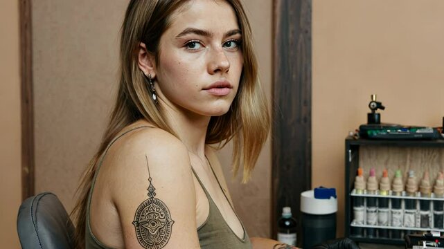 Woman with Intricate Hamsa Tattoo on Back in Tattoo Studio