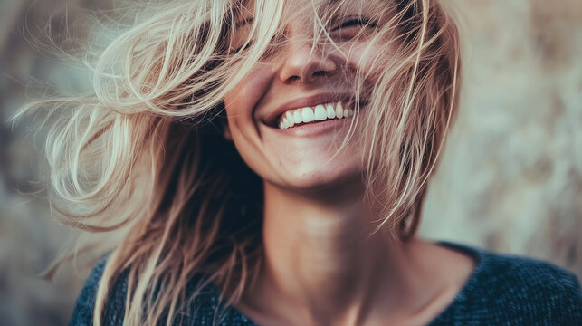 Joyful Woman with Windswept Hair and Radiant Smile in Natural Light