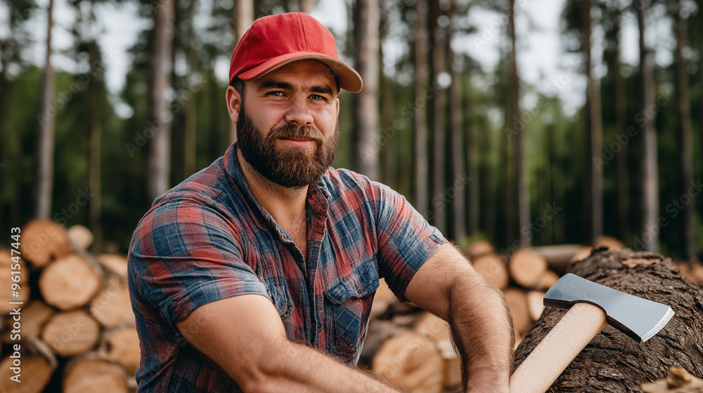 Poster skilled lumberjack sharpening an axe by a log pile in a forest clearing, emphasizing traditional log