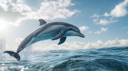 Fototapeta premium Close-up of a playful dolphin leaping out of the crystal-clear ocean, with sunlight reflecting off its sleek, streamlined body.