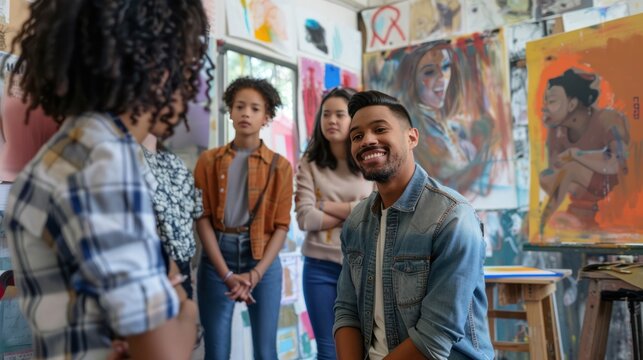 Diverse group engaged in a creative brainstorming session in an art studio
