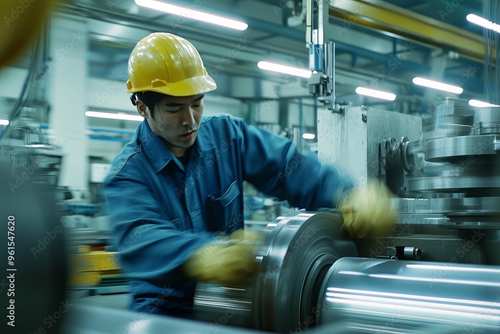 Poster safety is always the top priority at work. control lathe machine in a factory facility.