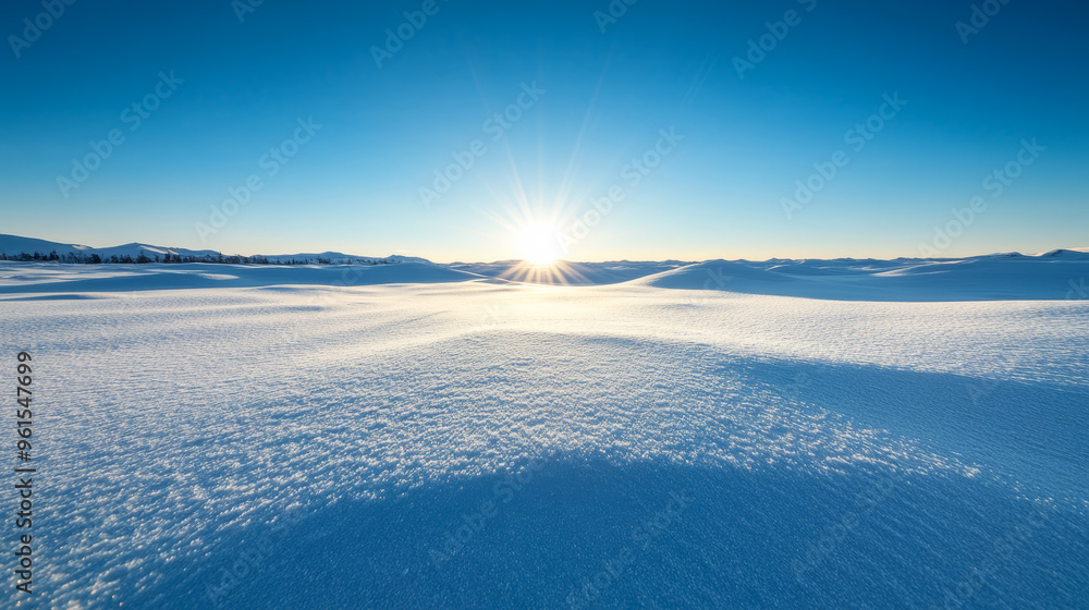 Poster Snow-covered Arctic landscape under the midnight sun soft warm light casting long shadows over ice fields 