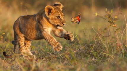 Cute predator-prey interactions, a lion cub playfully pouncing on a butterfly