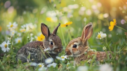 Obraz premium Cute animals playing together in a meadow, with a backdrop of wildflowers