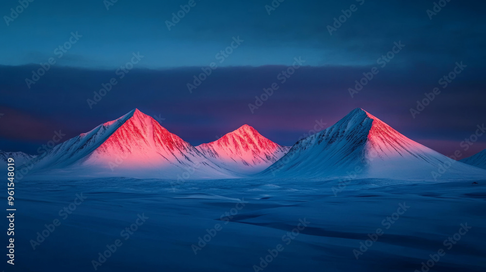 Wall mural Snow-covered mountain peaks under a twilight sky in the Arctic gentle colors blending cold and tranquil landscape 