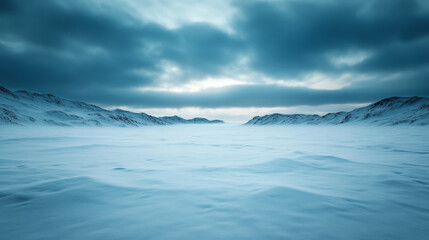 Naklejka premium Snowstorm sweeping across the Arctic tundra visibility low harsh conditions barren icy landscape bleak atmosphere 