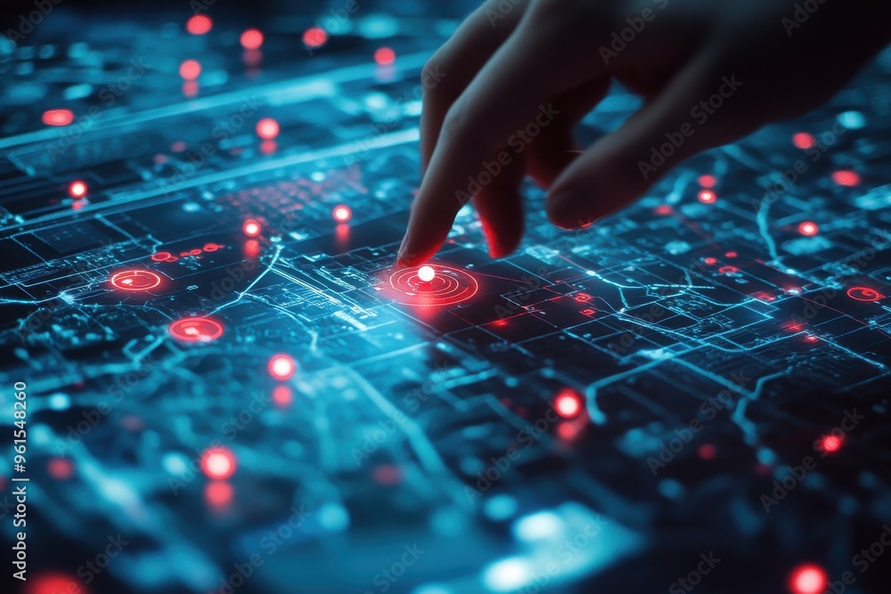 Poster a close-up of an interactive digital map with glowing red location pins.