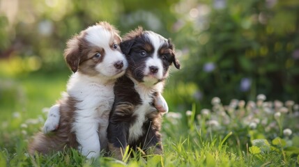 Cute animal moments, puppies playing together in a garden