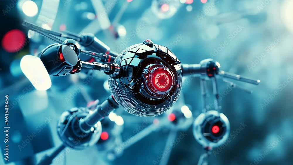 Poster exploring advanced robotic technology in a futuristic laboratory setting