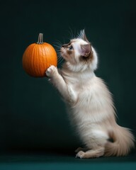 Ragdoll cat standing with pumpkin on a dark green background