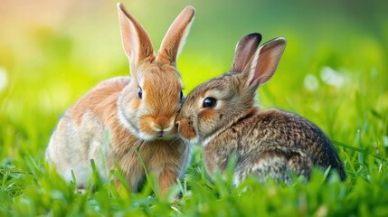 Obraz premium Cute animal interactions, a rabbit grooming its friend in a sunny meadow