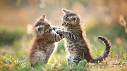 Obraz premium Cute animal moments, kittens playfully wrestling with each other