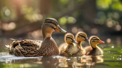 Cute animal interactions, a family of ducks swimming together in a pond