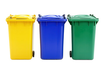 Three colored recycling bins: yellow, blue, and green, lined up side by side. Isolated on PNG cutout transparent background.