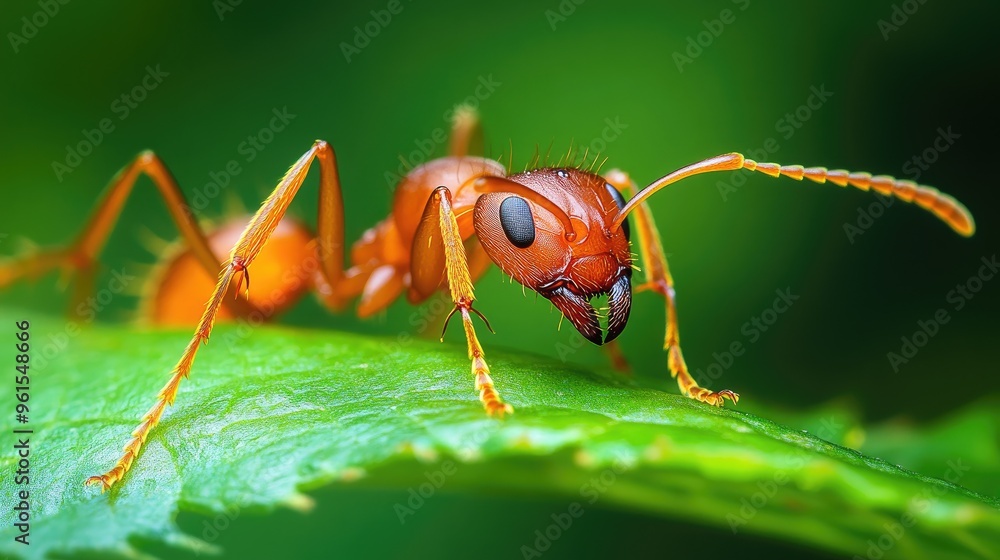 Poster close-up of a single ant on a leaf, with its tiny features and antennae clearly visible against the 