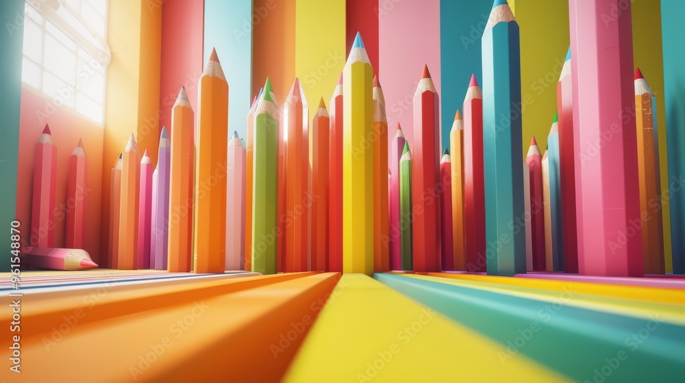 Poster abstract installation featuring giant, colorful pencils arranged in a visually striking pattern. the