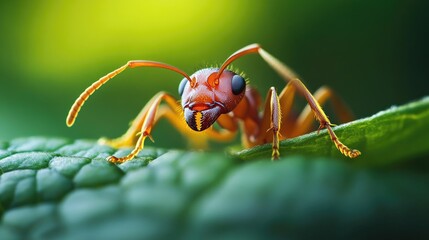 Close-up of a single ant on a leaf, with its tiny features and antennae clearly visible against the green background