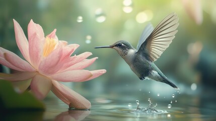 Fototapeta premium Close-up of a small bird with delicate feathers, flying just above a flower or water surface. The image captures the bird precise wing movements and elegance.