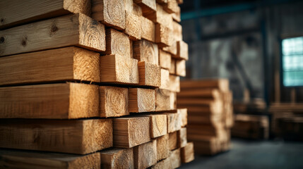 Stacked rough-cut lumber in a rustic workshop ready for carpentry projects vintage saws hanging on the wall 