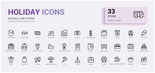 Set of holidays icons. Thin linear style icons Pack. Outline icon collection, line icon set for web and ui with icon names. Vector Illustration