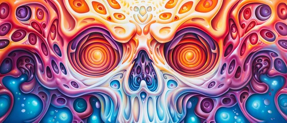 Fototapeta premium A vibrant skull painting featuring numerous bubbles and a radiant sun within the eye sockets