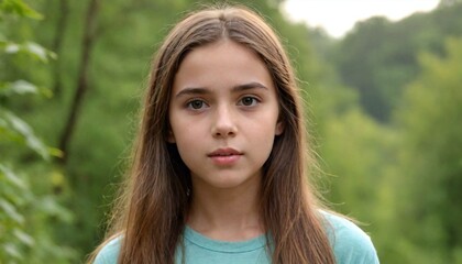 Fototapeta premium A portrait of a young girl with long hair standing outdoors against a lush green background, looking directly at the camera.