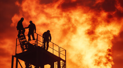 Sunset silhouette of oil rig with workers climbing ladders against a fiery sky background 