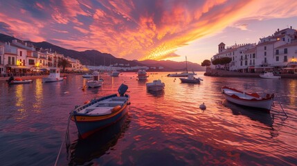 An enchanting coastal harbor at sunset, where the sky blazes with color, casting warm reflections over tranquil waters.