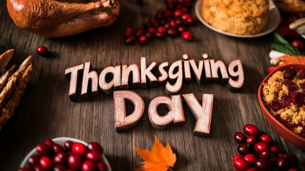 The words Thanksgiving Day in bold lettering with a background of a rustic wooden table, surrounded by roasted turkey, cranberries, and cornbread, deep reds and browns 