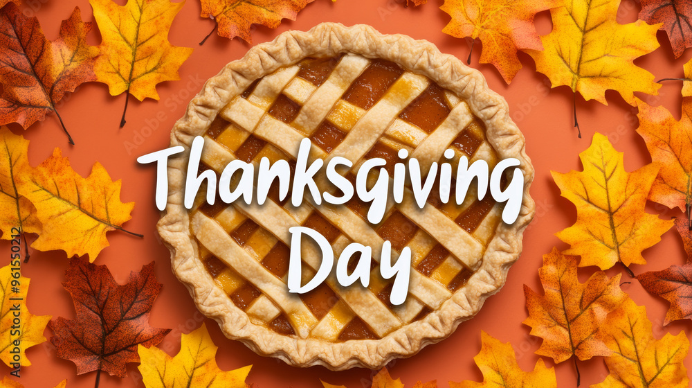 Aufkleber the words thanksgiving day in casual script font over a background of pie slices and autumn leaves, 