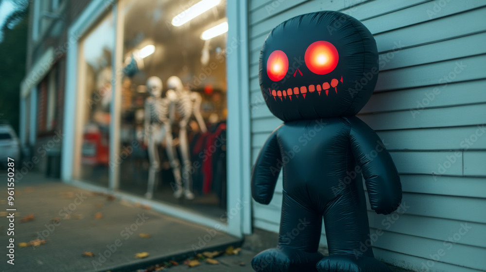 Poster towering inflatable vampire with glowing red eyes standing next to a halloween store entrance with c