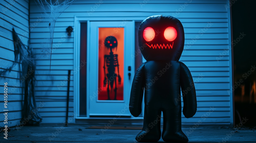 Poster towering inflatable vampire with glowing red eyes standing next to a halloween store entrance with c
