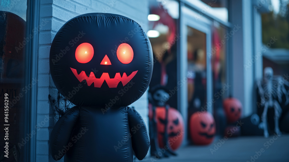 Poster towering inflatable vampire with glowing red eyes standing next to a halloween store entrance with c