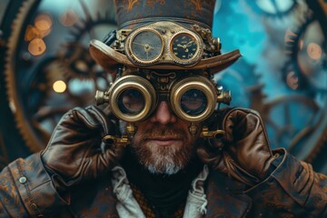 Obraz premium A brass-clad inventor adjusting his steampunk goggles in a workshop filled with gears