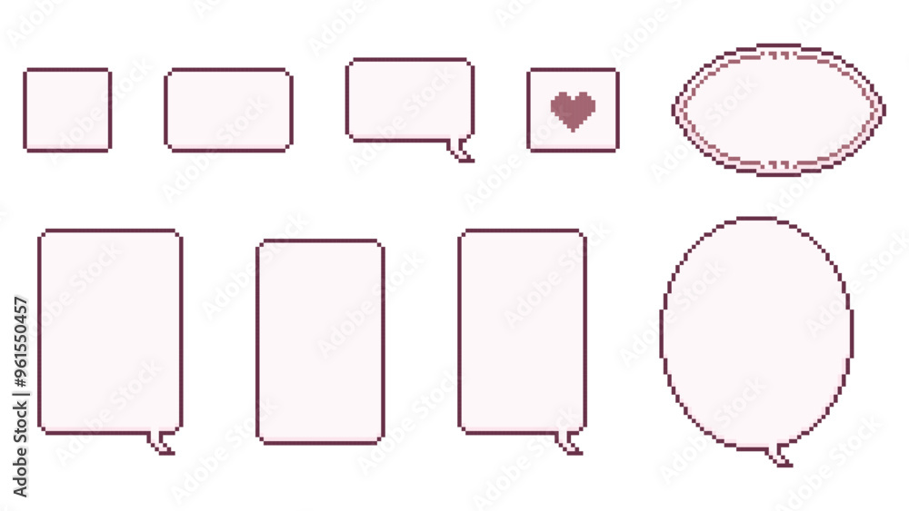 Poster pixel art speech boxes and dialogue frames for retro games. pink set of speech bubbles, message boxe