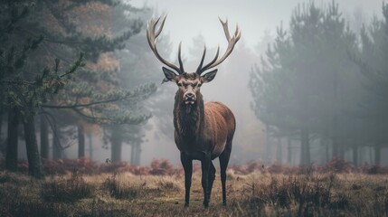 Naklejka premium Animal portraits of a regal stag standing tall in a foggy forest